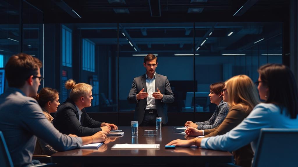 Líder conduzindo reunião de alinhamento com equipe em ambiente corporativo